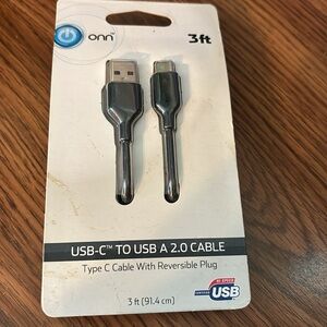 NWT NIP ONN 3 Ft Foot USB-C to USB A 2.0 Cable Type 3 Cable with Reversible Plug